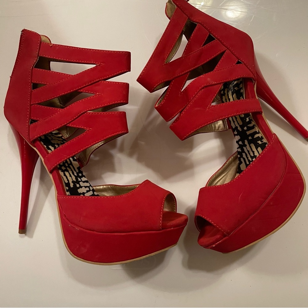 Red Platform stiletto strappy cutout detail suede heals size 8